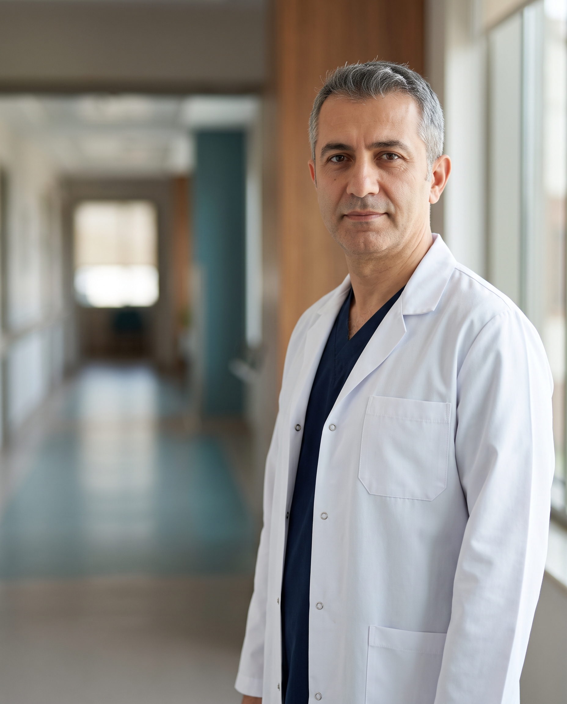 Prof. Dr. Kerem Ünsal, muayenehane koridorunda beyaz önlüğüyle ayakta.