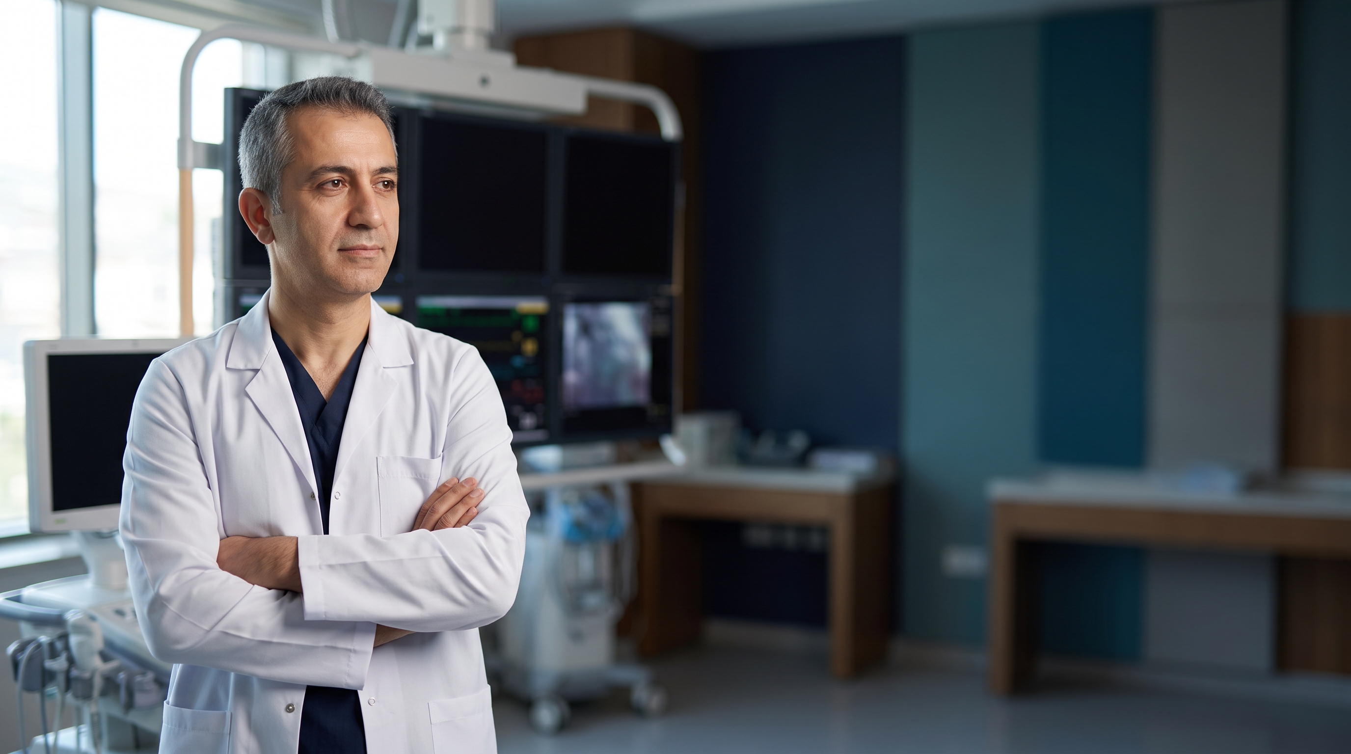 Prof. Dr. Kerem Ünsal, kateter laboratuvarında monitörlerin önünde.